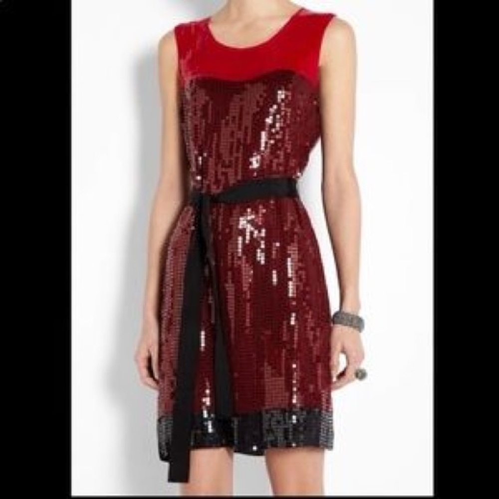 DKNY Red Sequin Color Block Dress